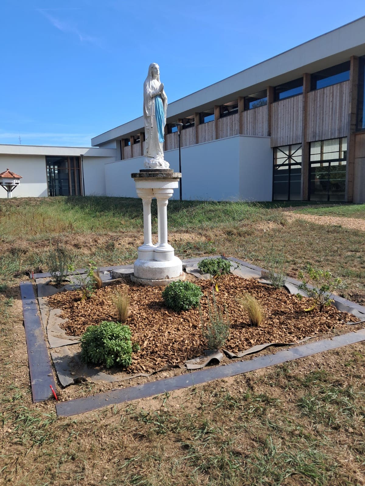 Création de jardin à Bayonne : massif carré paillé d'écorce autour de la statue de la Vierge de Largenté, bordé d'acier Corten, planté d'arbustes persistants compacts et de graminées