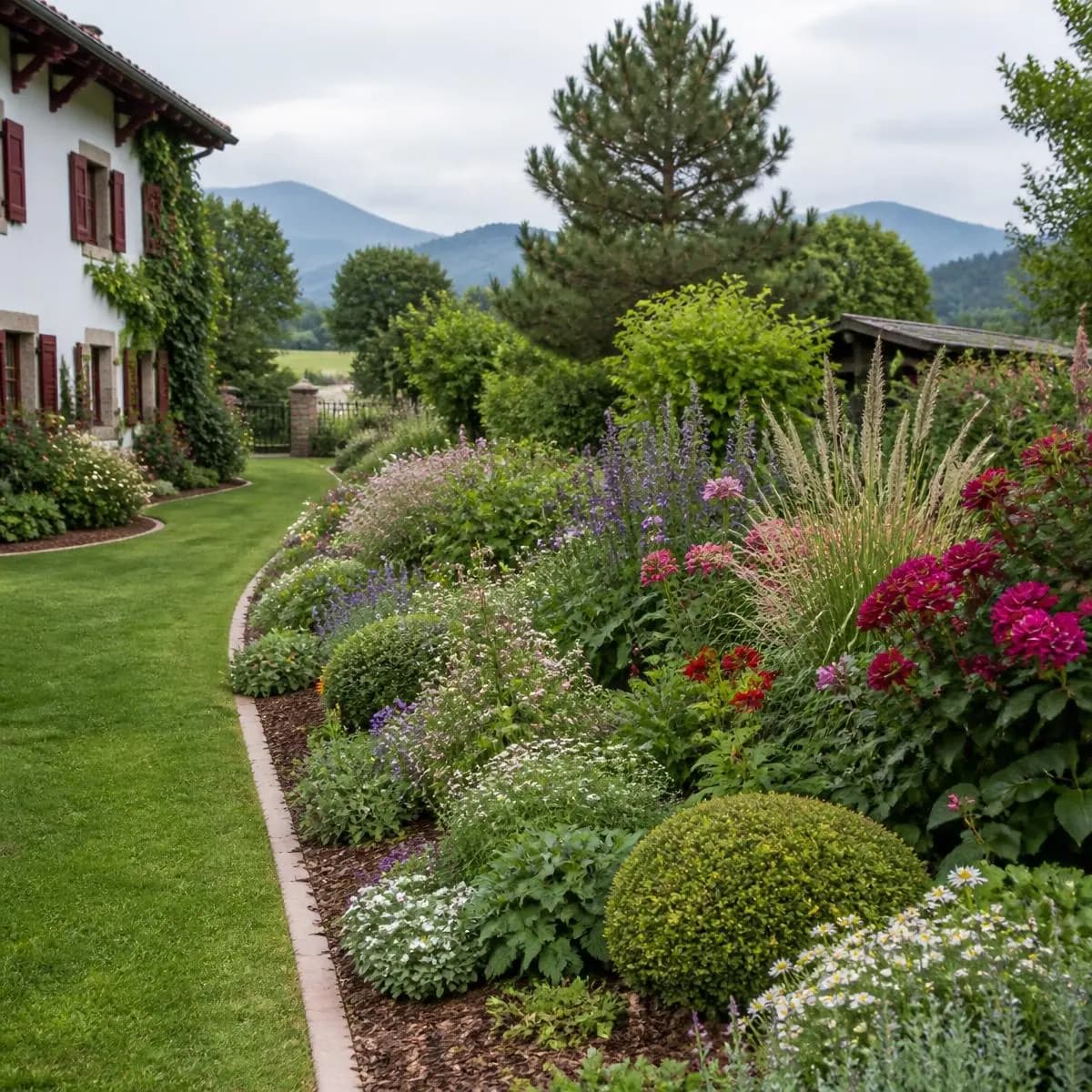 Massif fleuri en strates le long d'une maison basque : graminées, vivaces, buis taillés, montagnes en arrière-plan